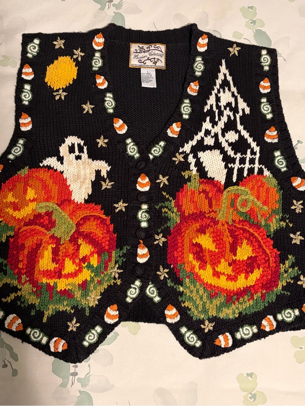 Vintage woman’s Halloween Pumpkin & Ghost Knit Vest - Black/Orange size large